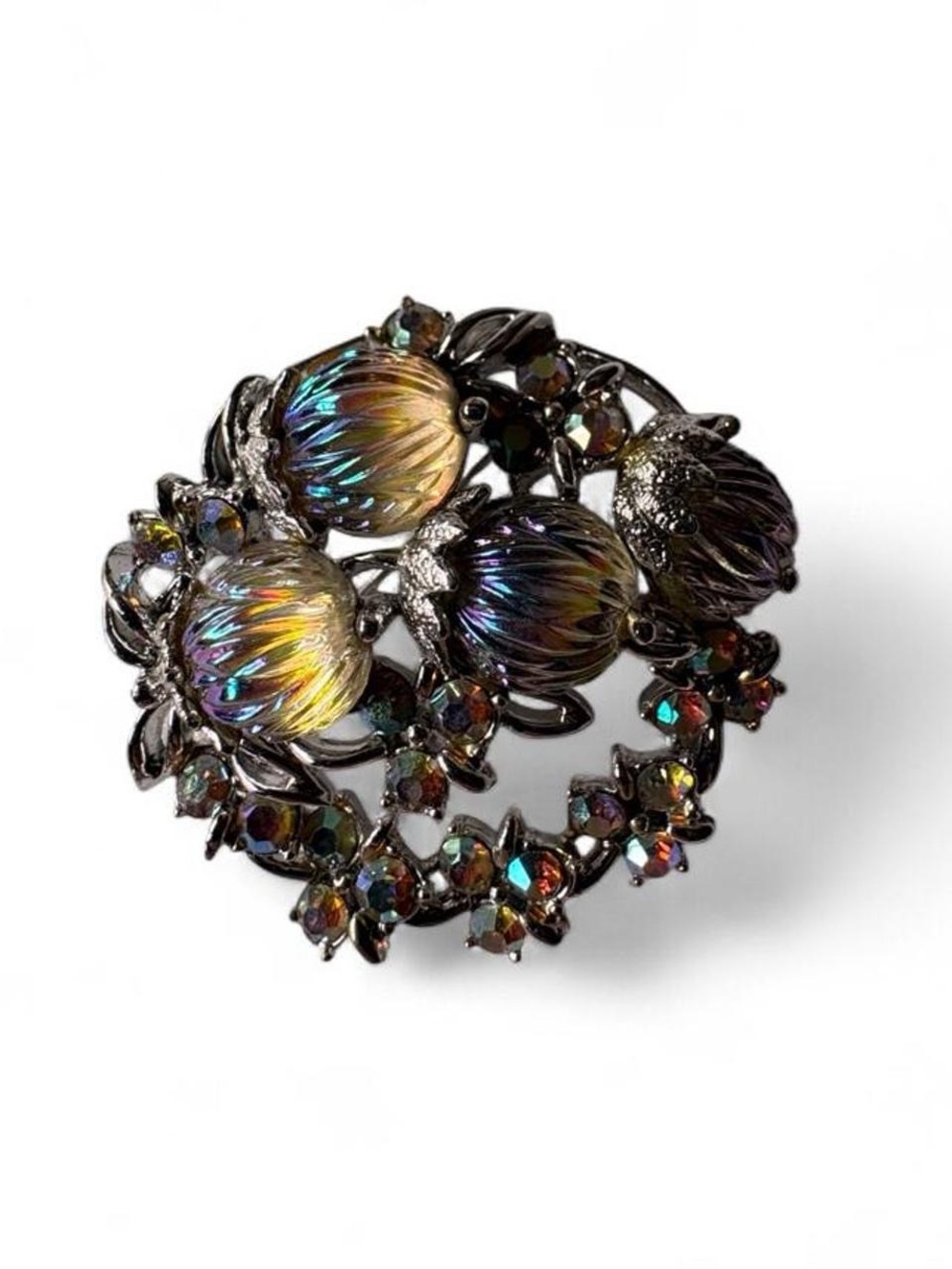 Vintage-Inspired Iridescent Floral Brooch - Black Metal